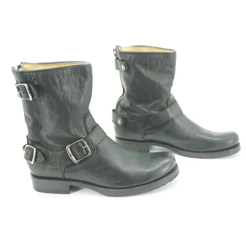 Frye Veronica Shortie Black Leather Biker Boots size 7.5 Slouchy Buckle